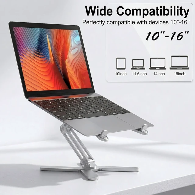 Alt view image 4 of 6 - 360 Rotating Laptop Stand Riser, Foldable for Desk, Silver Aluminum Ergonomic Riser, Adjustable Height & Angle for Collaborative Work. Portable Fits MacBook & Laptops up to 16 inches