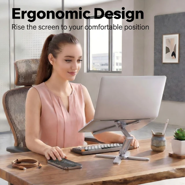 Alt view image 5 of 6 - 360 Rotating Laptop Stand Riser, Foldable for Desk, Silver Aluminum Ergonomic Riser, Adjustable Height & Angle for Collaborative Work. Portable Fits MacBook & Laptops up to 16 inches