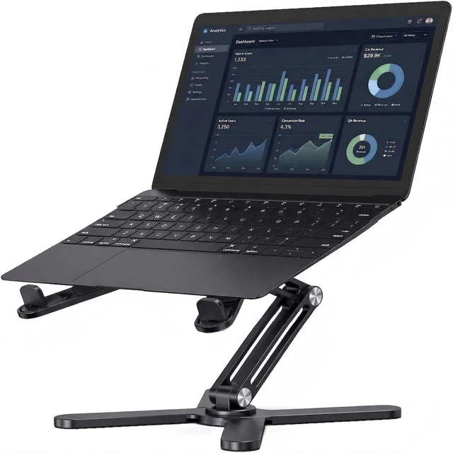 Main image of 360 Rotating Laptop Stand Riser, Foldable for Desk, Black Aluminum Ergonomic Riser, Adjustable Height & Angle for Collaborative Work. Portable Fits MacBook & Laptops up to 16 inches