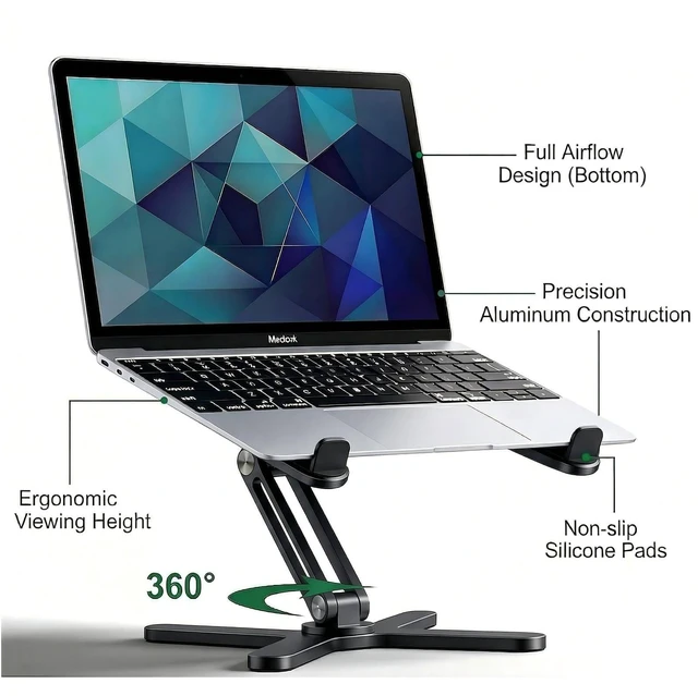 Alt view image 2 of 6 - 360 Rotating Laptop Stand Riser, Foldable for Desk, Black Aluminum Ergonomic Riser, Adjustable Height & Angle for Collaborative Work. Portable Fits MacBook & Laptops up to 16 inches