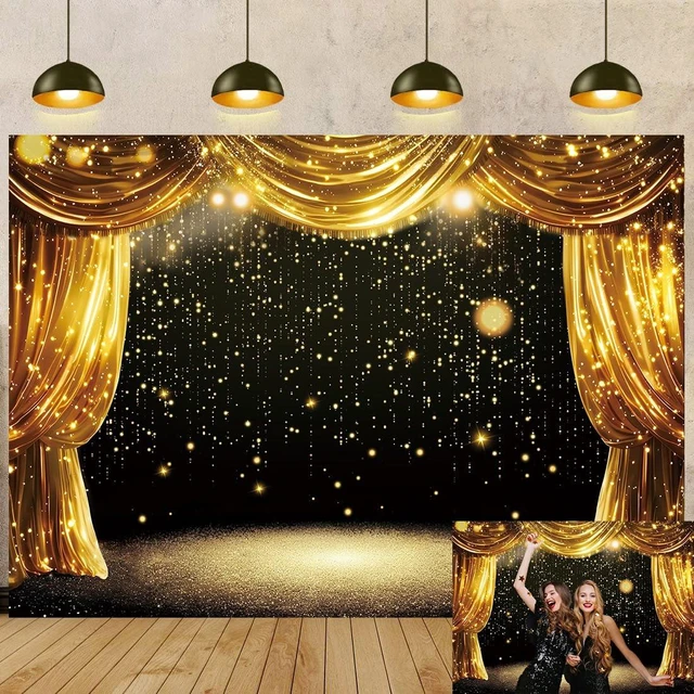 Main image of Black Gold Backdrop Black Gold Curtains Glitter Spots Theater Stage Photography Background Adults Kids VIP Carnival Graduation Prom New Year Birthday Party Decorations Banner Photo Props (7x5FT)