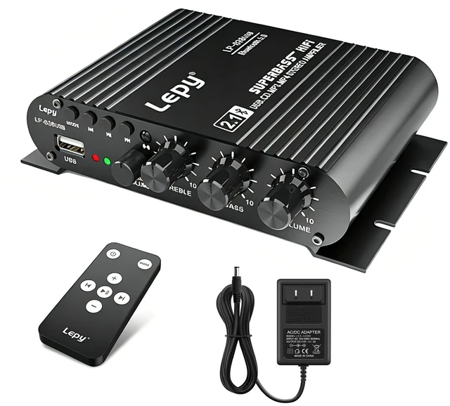 Main image of Home Audio Amplifier Bluetooth 5.0 Stereo Receiver 2.1 Channel Subwoofer Amp Board with Treble/Bass/Sub Control HiFi Sound for Home Theater, Car & Karaoke, Includes Remote & Power Adapter