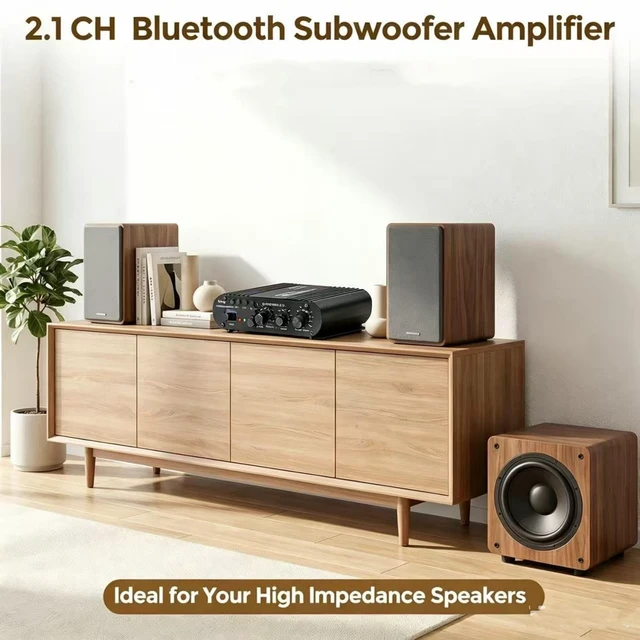 Alt view image 2 of 7 - Home Audio Amplifier Bluetooth 5.0 Stereo Receiver 2.1 Channel Subwoofer Amp Board with Treble/Bass/Sub Control HiFi Sound for Home Theater, Car & Karaoke, Includes Remote & Power Adapter
