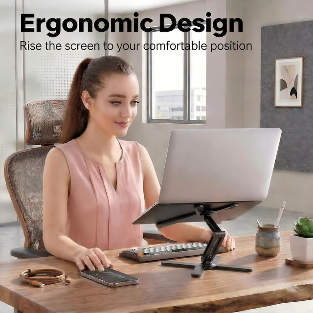 Alt view image 5 of 6 - 360 Rotating Laptop Stand Riser, Foldable for Desk, Black Aluminum Ergonomic Riser, Adjustable Height & Angle for Collaborative Work. Portable Fits MacBook & Laptops up to 16 inches