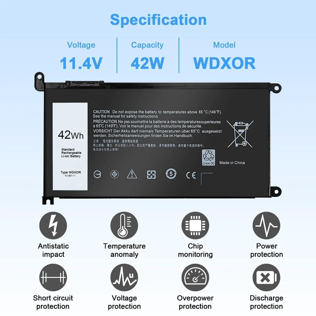 Alt view image 2 of 7 - WDX0R Laptop Battery Replacement for Dell Inspiron 13 15 5000 7000 Series 5379 5565 5567 5570 5579 5570 7579 7573 7378 Latitude 3400 3500 3480 3580 7368 17 5765 5767 P69G 3CRH3 T2JX4 42Wh