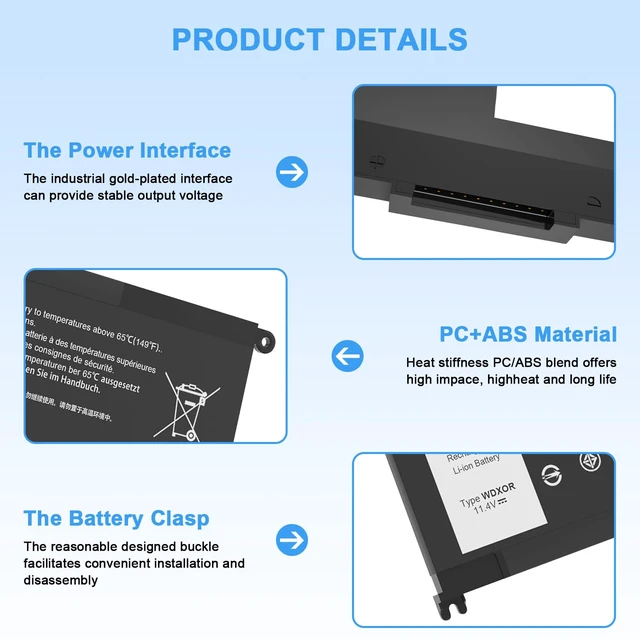 Alt view image 3 of 7 - WDX0R Laptop Battery Replacement for Dell Inspiron 13 15 5000 7000 Series 5379 5565 5567 5570 5579 5570 7579 7573 7378 Latitude 3400 3500 3480 3580 7368 17 5765 5767 P69G 3CRH3 T2JX4 42Wh
