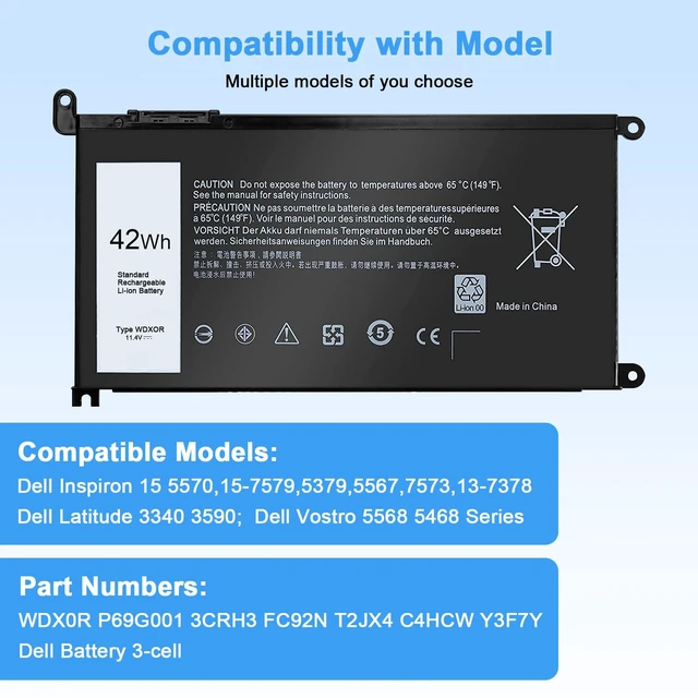 Alt view image 4 of 7 - WDX0R Laptop Battery Replacement for Dell Inspiron 13 15 5000 7000 Series 5379 5565 5567 5570 5579 5570 7579 7573 7378 Latitude 3400 3500 3480 3580 7368 17 5765 5767 P69G 3CRH3 T2JX4 42Wh
