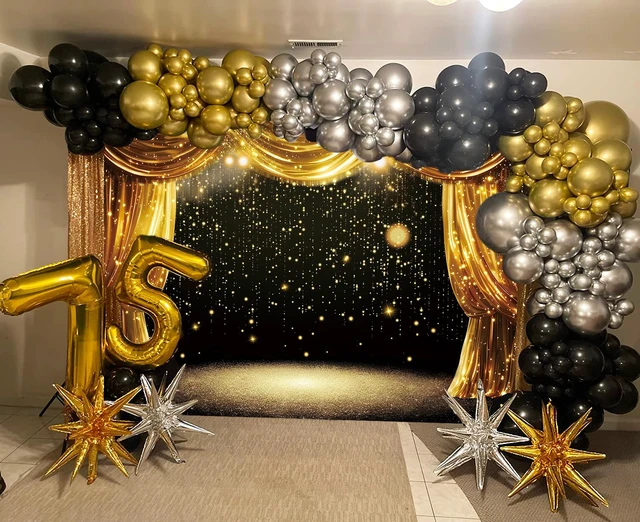 Alt view image 4 of 7 - Black Gold Backdrop Black Gold Curtains Glitter Spots Theater Stage Photography Background Adults Kids VIP Carnival Graduation Prom New Year Birthday Party Decorations Banner Photo Props (7x5FT)