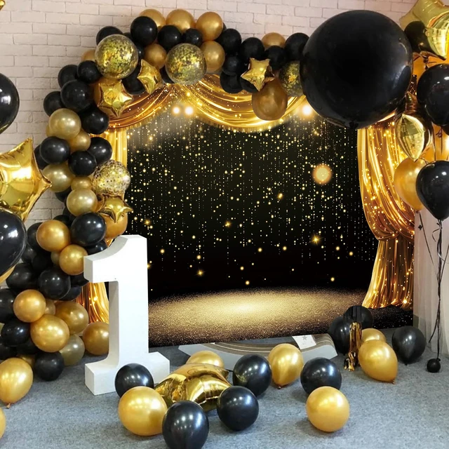 Alt view image 6 of 7 - Black Gold Backdrop Black Gold Curtains Glitter Spots Theater Stage Photography Background Adults Kids VIP Carnival Graduation Prom New Year Birthday Party Decorations Banner Photo Props (7x5FT)