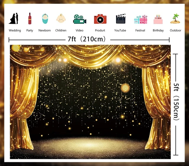 Alt view image 7 of 7 - Black Gold Backdrop Black Gold Curtains Glitter Spots Theater Stage Photography Background Adults Kids VIP Carnival Graduation Prom New Year Birthday Party Decorations Banner Photo Props (7x5FT)