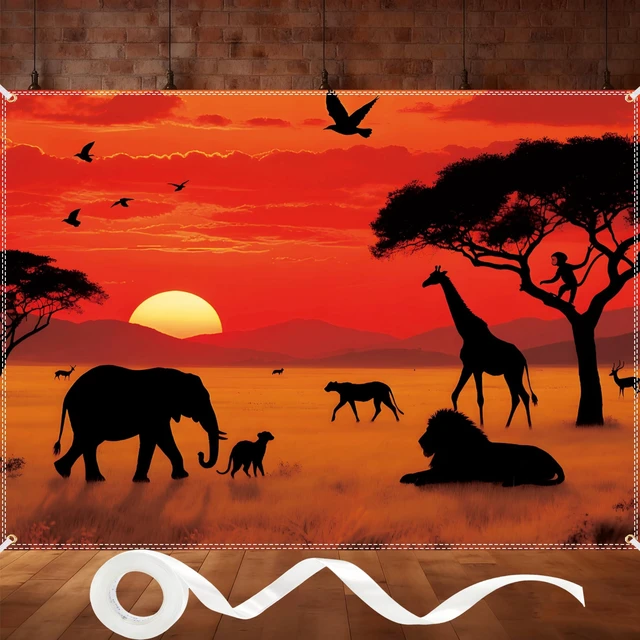 Main image of 8×6ft African Safari Backdrop Safari Party Decoratins African Wild Animals Silhouette Photography Backdrop Tropical Forest Sunset Jungle Scenery Background Photo Booth with 32.8Ft Ribbon