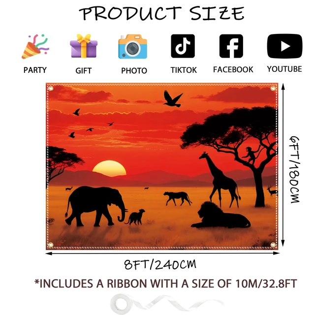 Alt view image 2 of 7 - 8×6ft African Safari Backdrop Safari Party Decoratins African Wild Animals Silhouette Photography Backdrop Tropical Forest Sunset Jungle Scenery Background Photo Booth with 32.8Ft Ribbon