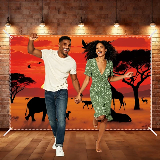 Alt view image 6 of 7 - 8×6ft African Safari Backdrop Safari Party Decoratins African Wild Animals Silhouette Photography Backdrop Tropical Forest Sunset Jungle Scenery Background Photo Booth with 32.8Ft Ribbon