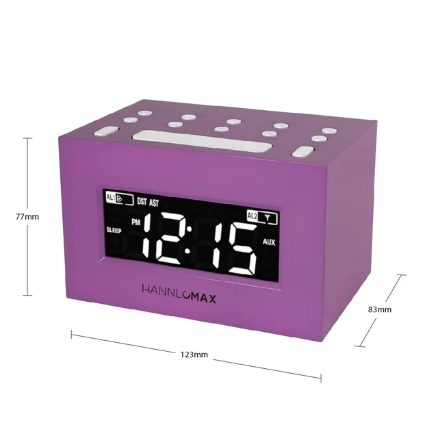 Alt view image 2 of 4 - HX-111CR Alarm Clock Radio, AM/FM, Auto DST (Purple) AM/FM Radio, Digital Clock, Dual Alarm, White LED Display, Auto Time Set, Aux-in