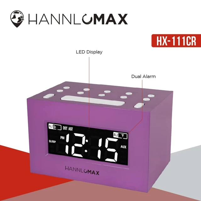 Alt view image 3 of 4 - HX-111CR Alarm Clock Radio, AM/FM, Auto DST (Purple) AM/FM Radio, Digital Clock, Dual Alarm, White LED Display, Auto Time Set, Aux-in
