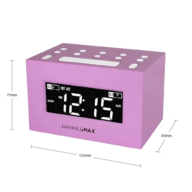 Alt view image 2 of 4 - HX-111CR Alarm Clock Radio, AM/FM, Auto DST (Pink) AM/FM Radio, Digital Clock, Dual Alarm, White LED Display, Auto Time Set, Aux-in