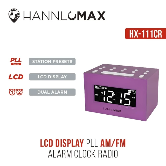 Alt view image 4 of 4 - HX-111CR Alarm Clock Radio, AM/FM, Auto DST (Purple) AM/FM Radio, Digital Clock, Dual Alarm, White LED Display, Auto Time Set, Aux-in