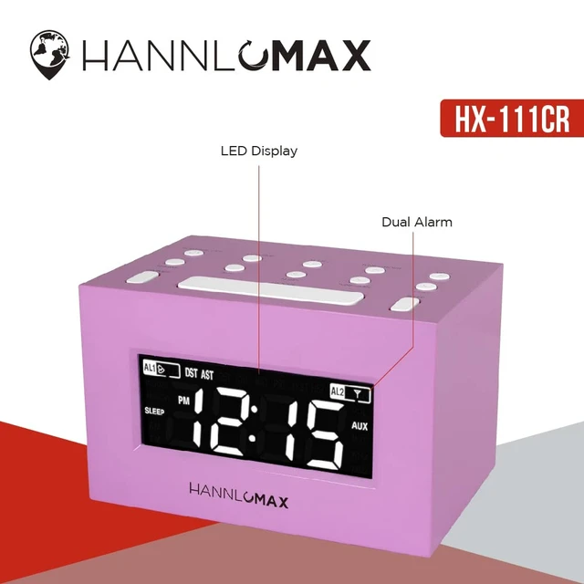 Alt view image 3 of 4 - HX-111CR Alarm Clock Radio, AM/FM, Auto DST (Pink) AM/FM Radio, Digital Clock, Dual Alarm, White LED Display, Auto Time Set, Aux-in