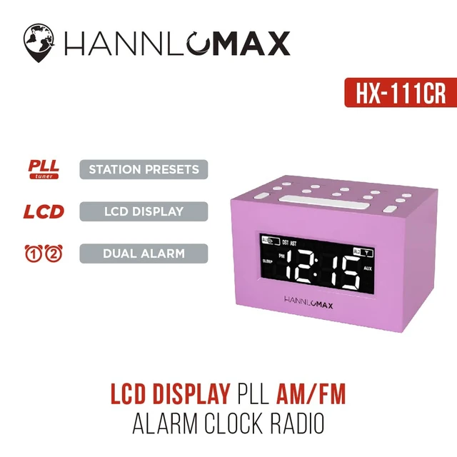 Alt view image 4 of 4 - HX-111CR Alarm Clock Radio, AM/FM, Auto DST (Pink) AM/FM Radio, Digital Clock, Dual Alarm, White LED Display, Auto Time Set, Aux-in