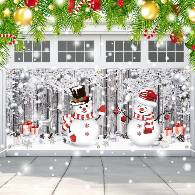 Main image of Christmas Garage Door Cover 7 x 16 Ft, Snowman Backdrop Winter Snowman Snowflake Design, Weatherproof Material Outdoor Indoor, Easy Installation, Xmas Front Yard Display