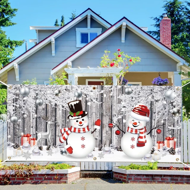 Alt view image 4 of 7 - Christmas Garage Door Cover 7 x 16 Ft, Snowman Backdrop Winter Snowman Snowflake Design, Weatherproof Material Outdoor Indoor, Easy Installation, Xmas Front Yard Display