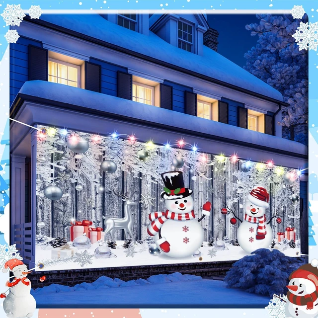 Alt view image 5 of 7 - Christmas Garage Door Cover 7 x 16 Ft, Snowman Backdrop Winter Snowman Snowflake Design, Weatherproof Material Outdoor Indoor, Easy Installation, Xmas Front Yard Display