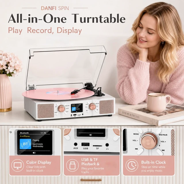 Alt view image 4 of 7 - Vinyl Record Player with Built-in Dual Speakers, Bluetooth Input, 3-Speed Turntable with Color LCD Clock, Display, USB/TF Card, RCA Output/AUX Input/Headphone Jack, White &Rose Gold