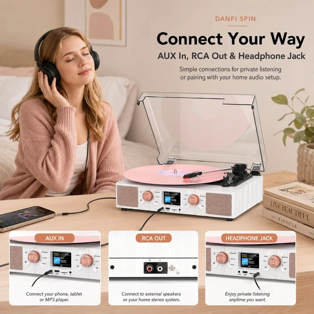 Alt view image 5 of 7 - Vinyl Record Player with Built-in Dual Speakers, Bluetooth Input, 3-Speed Turntable with Color LCD Clock, Display, USB/TF Card, RCA Output/AUX Input/Headphone Jack, White &Rose Gold