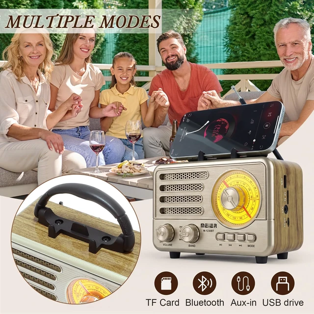 Alt view image 4 of 7 - Radio Portable AM FM SW Bluetooth Speaker Vintage Radios with Phone Stand Small Retro Radio Battery Powered for Vintage Decor Birthday Gifts for Women,Men,DadGold