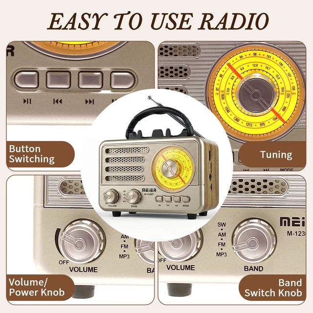 Alt view image 7 of 7 - Radio Portable AM FM SW Bluetooth Speaker Vintage Radios with Phone Stand Small Retro Radio Battery Powered for Vintage Decor Birthday Gifts for Women,Men,DadGold