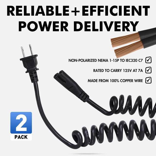 Alt view image 3 of 7 - 2 Pack Coiled 2 Prong AC Power Cord 6.5 ft, Coiled UL Listed Figure 8 Power Cord Compatible with Samsung LG Sony Insignia Toshiba Hisense PS5, Non Polarized (NEMA 1-15P to IEC C7) Black