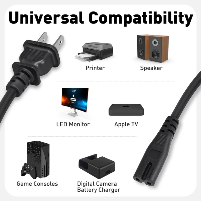 Alt view image 6 of 7 - 2 Pack Coiled 2 Prong AC Power Cord 6.5 ft, Coiled UL Listed Figure 8 Power Cord Compatible with Samsung LG Sony Insignia Toshiba Hisense PS5, Non Polarized (NEMA 1-15P to IEC C7) Black