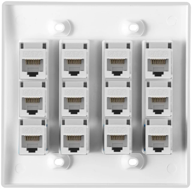 Alt view image 2 of 6 - 12 Port Ethernet Wall Plate White Cat6 Keystone Jack RJ45 Cables Inline Coupler Wires Connector Date Box Cover with 2 Gang Low Voltage Mount for Network Outlet Setup