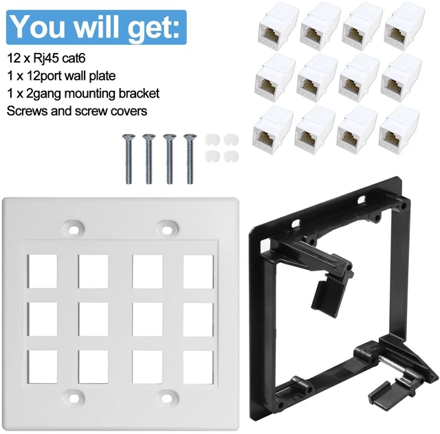 Alt view image 5 of 6 - 12 Port Ethernet Wall Plate White Cat6 Keystone Jack RJ45 Cables Inline Coupler Wires Connector Date Box Cover with 2 Gang Low Voltage Mount for Network Outlet Setup