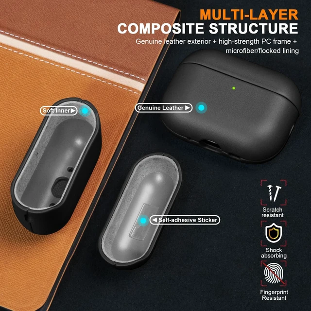 Alt view image 4 of 7 - Case for AirPod Pro 3 Gen (2025) Protective Cover Black Shockproof 100% Full Grain Geniune Leather Case for AirPods Pro 3rd Gen (2025) Compatible with MagSafe Wireless Charging Anti-Scratch