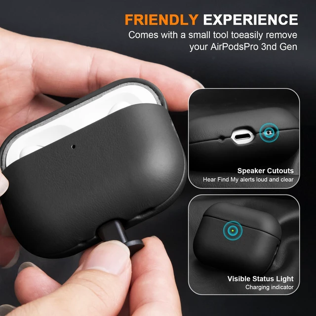 Alt view image 5 of 7 - Case for AirPod Pro 3 Gen (2025) Protective Cover Black Shockproof 100% Full Grain Geniune Leather Case for AirPods Pro 3rd Gen (2025) Compatible with MagSafe Wireless Charging Anti-Scratch