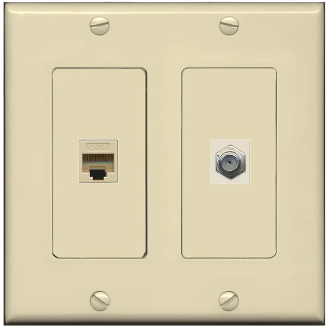 Main image of 1 Port Coax Cable TV- F-Type 1 Port Cat6 Ethernet Dual Gang Wall Plate - Ivory