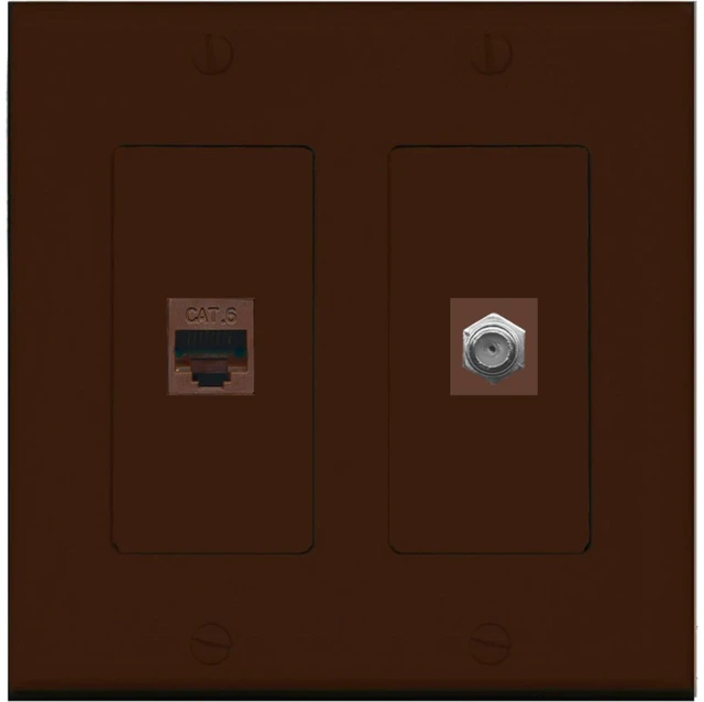 Main image of 1 Port Coax Cable TV- F-Type 1 Port Cat6 Ethernet Dual Gang Wall Plate - Brown