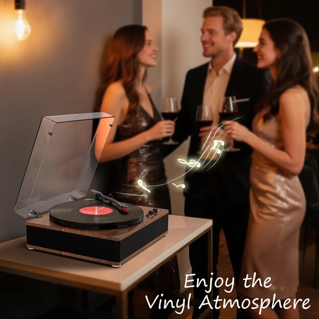 Alt view image 7 of 7 - Full-Size Vintage Vinyl Record Player, 3-Speed Turntable with Counterweight, Bluetooth Input & Output, Built-in Stereo Speakers, Supports AUX/RCA/Headphone Jacks, LP Player Walnut Brown