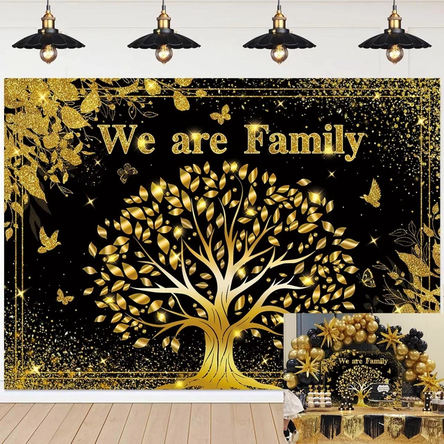Main image of We are Family Backdrop 8x6FT Black Gold Family Reunion Photography Background Family Tree Banner for Welcome to Our Family Members Gathering Party Decorations Supplies Photo Props
