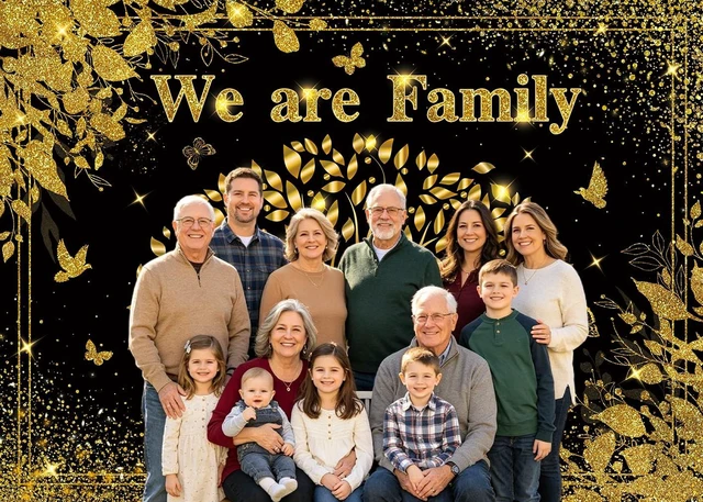 Alt view image 3 of 7 - We are Family Backdrop 8x6FT Black Gold Family Reunion Photography Background Family Tree Banner for Welcome to Our Family Members Gathering Party Decorations Supplies Photo Props