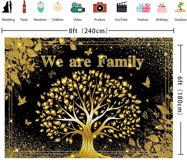 Alt view image 6 of 7 - We are Family Backdrop 8x6FT Black Gold Family Reunion Photography Background Family Tree Banner for Welcome to Our Family Members Gathering Party Decorations Supplies Photo Props