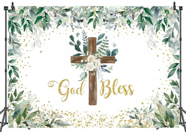 Main image of Eucalyptus God Bless Greenery Wooden Cross Baptism Backdrop 8x6FT Eucalyptus God Bless Photography Background First Holy Communion Party Decoration