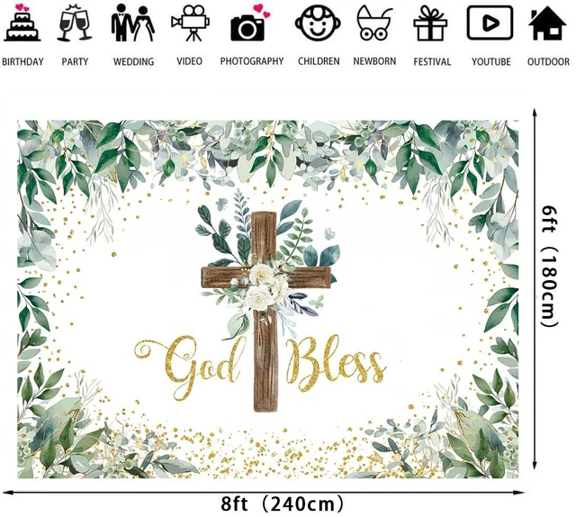 Alt view image 2 of 6 - Eucalyptus God Bless Greenery Wooden Cross Baptism Backdrop 8x6FT Eucalyptus God Bless Photography Background First Holy Communion Party Decoration