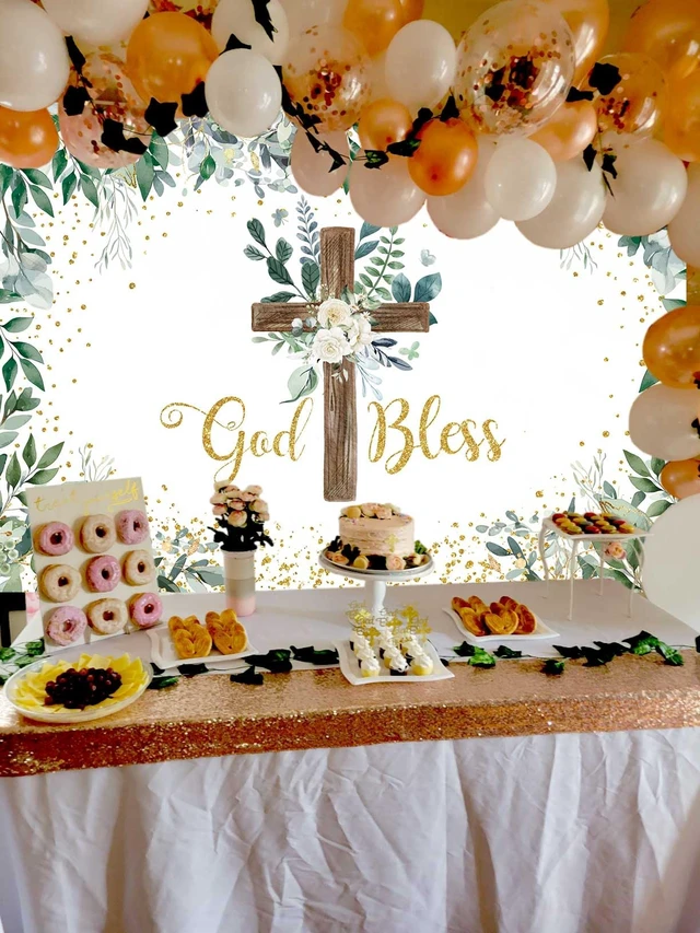 Alt view image 3 of 6 - Eucalyptus God Bless Greenery Wooden Cross Baptism Backdrop 8x6FT Eucalyptus God Bless Photography Background First Holy Communion Party Decoration