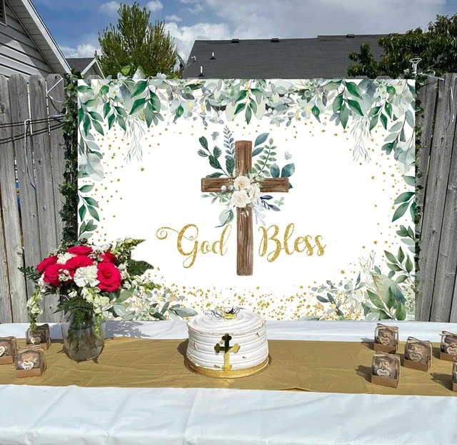 Alt view image 4 of 6 - Eucalyptus God Bless Greenery Wooden Cross Baptism Backdrop 8x6FT Eucalyptus God Bless Photography Background First Holy Communion Party Decoration