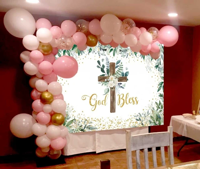 Alt view image 5 of 6 - Eucalyptus God Bless Greenery Wooden Cross Baptism Backdrop 8x6FT Eucalyptus God Bless Photography Background First Holy Communion Party Decoration