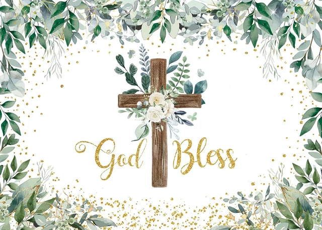Alt view image 6 of 6 - Eucalyptus God Bless Greenery Wooden Cross Baptism Backdrop 8x6FT Eucalyptus God Bless Photography Background First Holy Communion Party Decoration