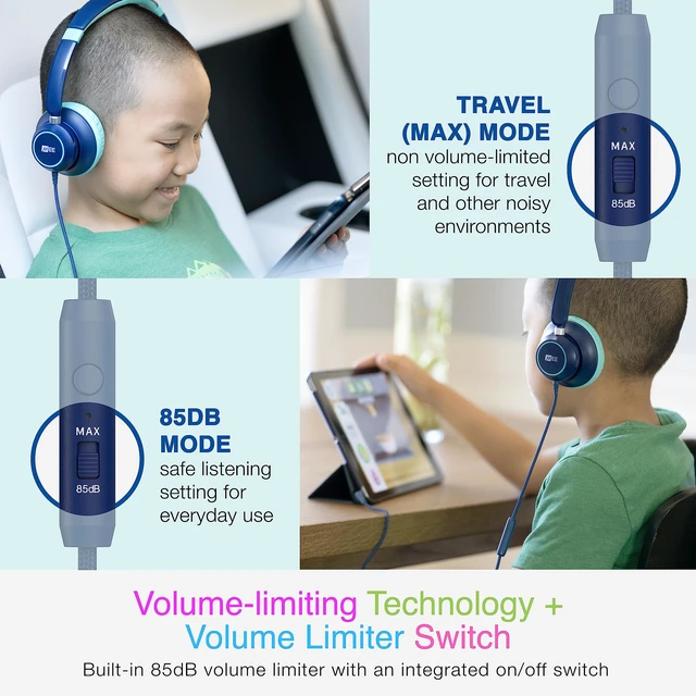 Alt view image 2 of 7 - KidJamz KJ45 Childrens Safe Listening Headphones with Volume Limiter & Microphone, Adjustable On-Ear Kids Headset Wired with 3.5mm Jack for Online Learning/School/Travel/Tablet (Blue/Teal)