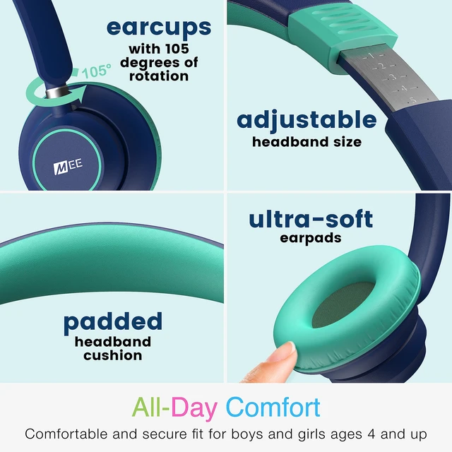 Alt view image 3 of 7 - KidJamz KJ45 Childrens Safe Listening Headphones with Volume Limiter & Microphone, Adjustable On-Ear Kids Headset Wired with 3.5mm Jack for Online Learning/School/Travel/Tablet (Blue/Teal)
